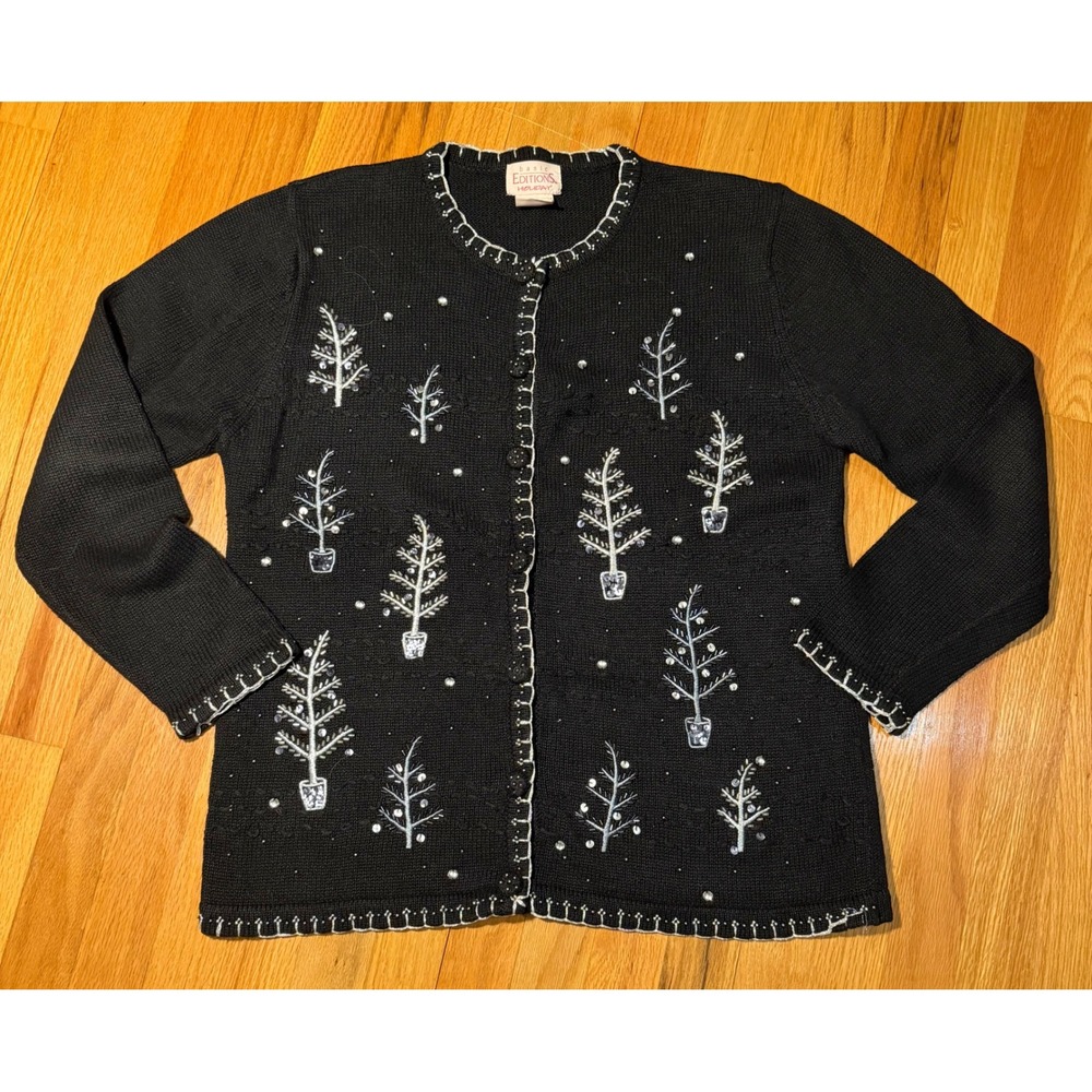 Basic Editions Holiday Black Christmas Tree Sequin Cardigan Sweater Large